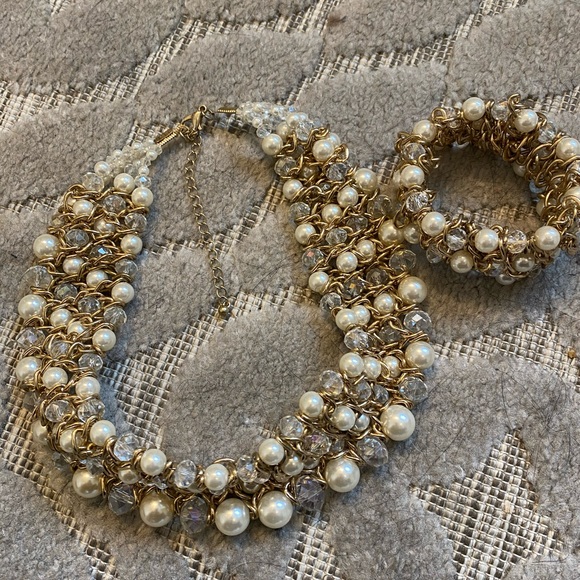 Gold colored multi strand bib length necklace & bracelet with faux pearl accents - Picture 3 of 3